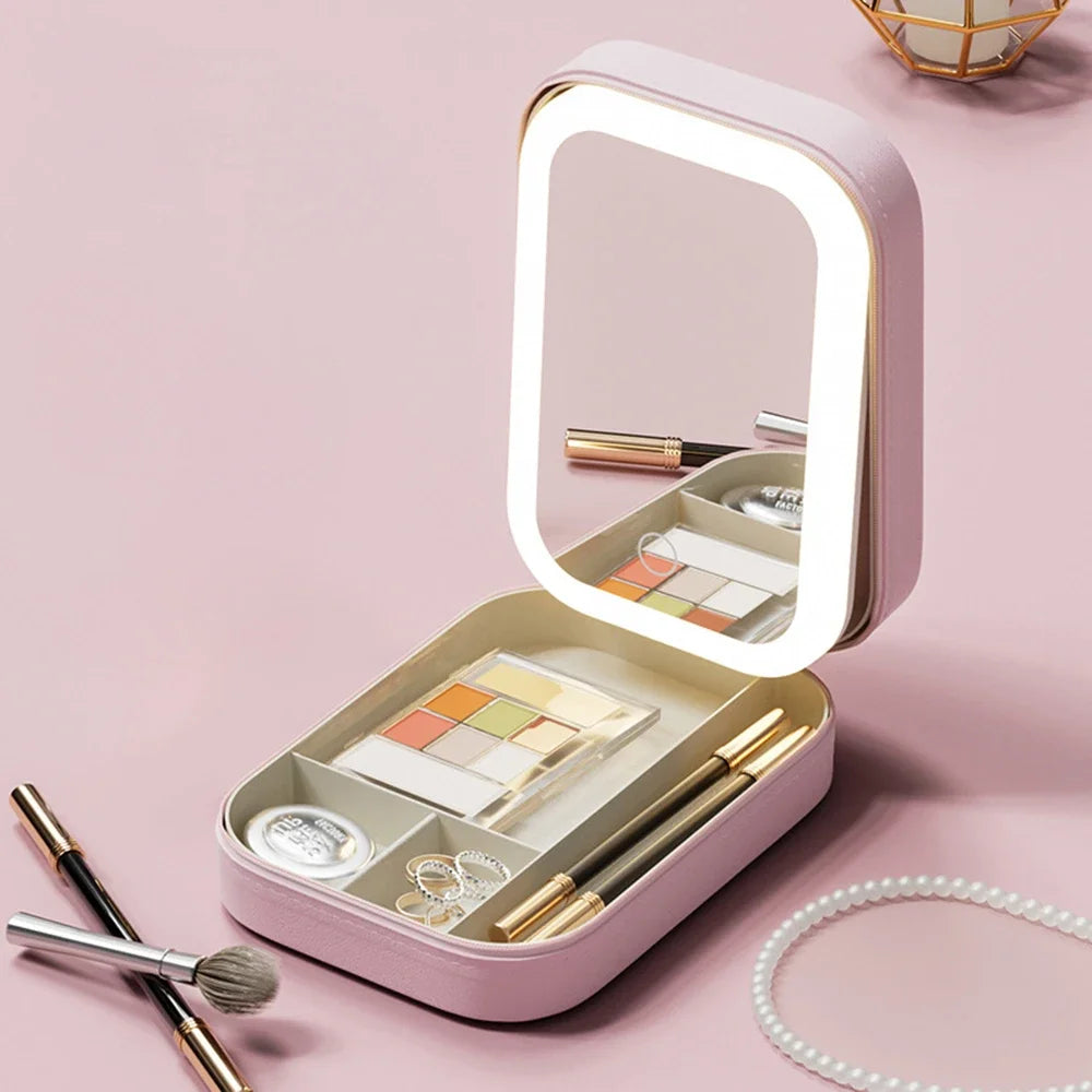 LED Mirror Travel Makeup Case Portable Cosmetic Box