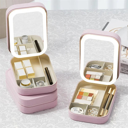 LED Mirror Travel Makeup Case Portable Cosmetic Box