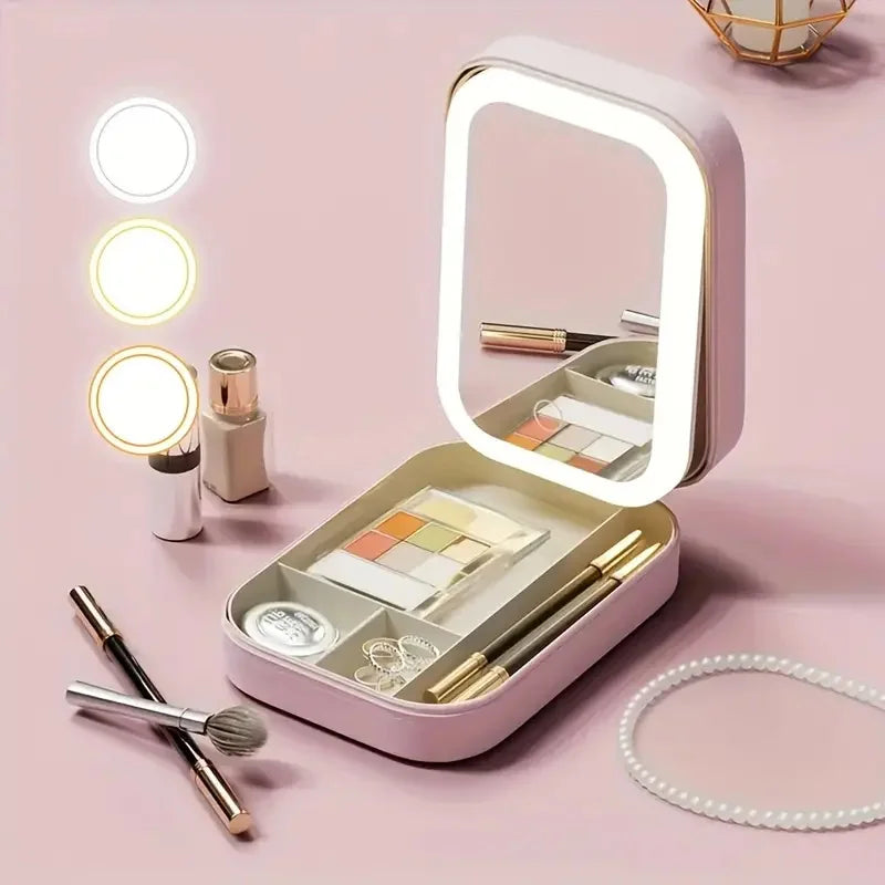 LED Mirror Travel Makeup Case Portable Cosmetic Box